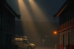 《雾港回声》剧照，清晨港口雾气中的一艘旧货轮